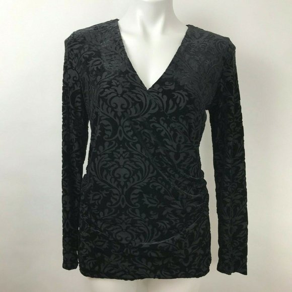 Foxcroft Black Velvet Burnout Textured Blouse Sz M - Picture 2 of 8